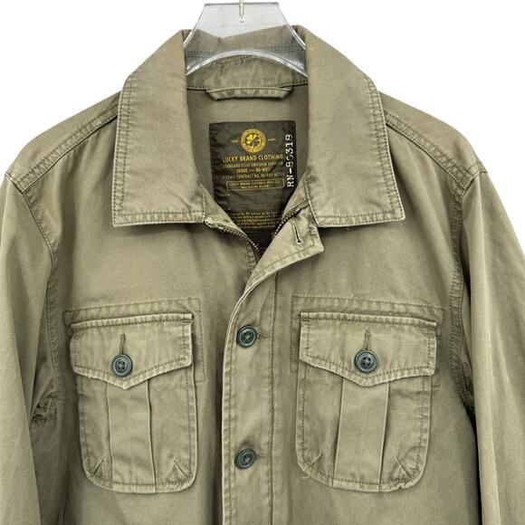 Lucky Brand Men's Army Green 100% Cotton Cargo Utility Military Jacket Pockets - Picture 3 of 9